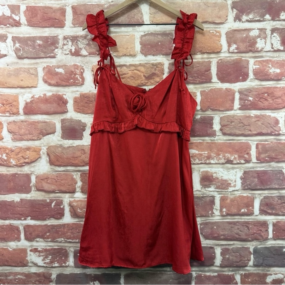 Wild Fable Dress Women's XXL Red Satin Ruffle Strap Rosette Mini Holiday Party